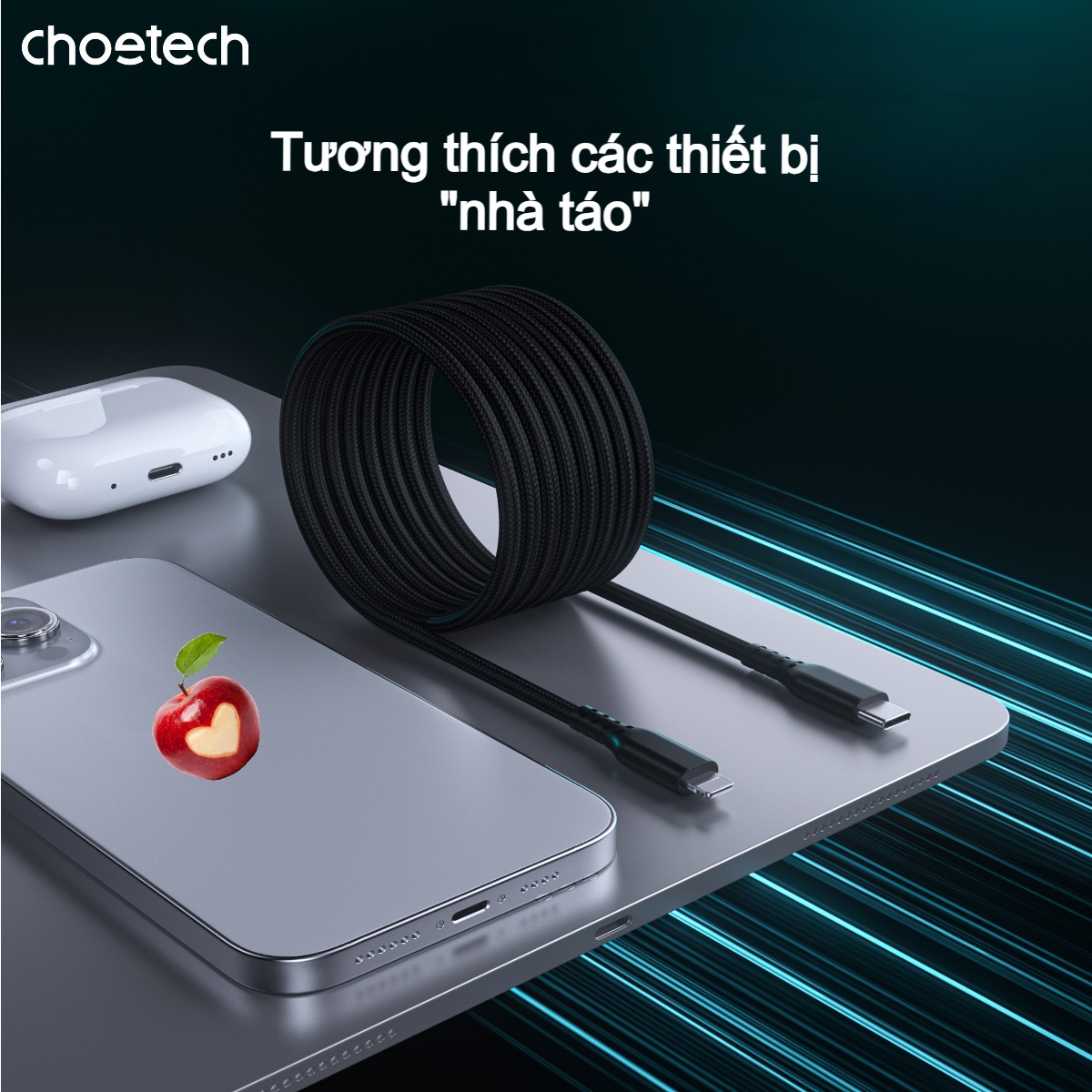 Cáp sạc nhanh và truyền dữ liệu Type C to iP Choetech XCL-1021 công suất 20W dài 1m8 - Hàng chính hãng