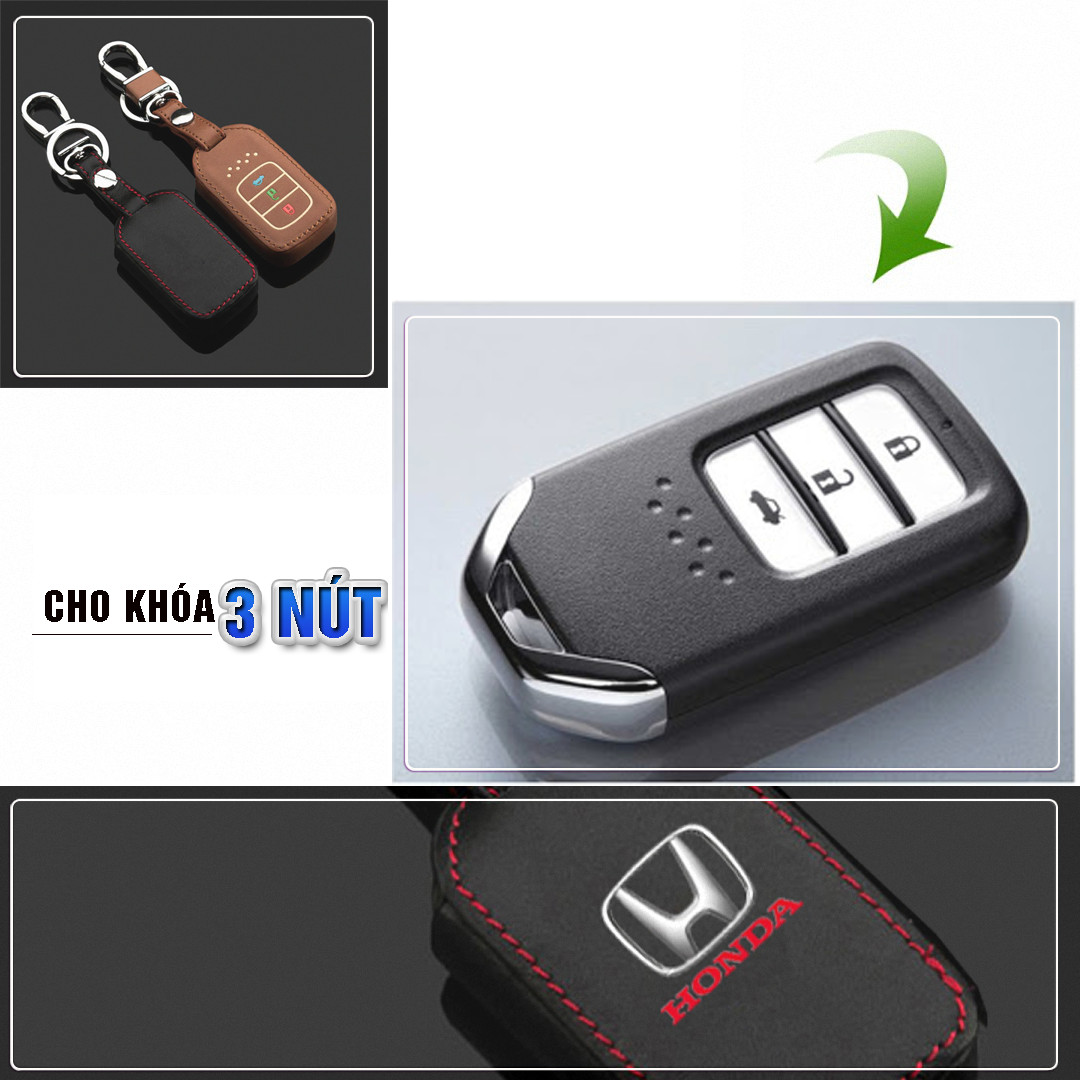 Cho xe Honda, bao da chìa khóa ô tô 3 nút dạ quang kiêm móc khóa chất liệu da, Inox MIHOCO Honda 3N/ Hàng chính hãng