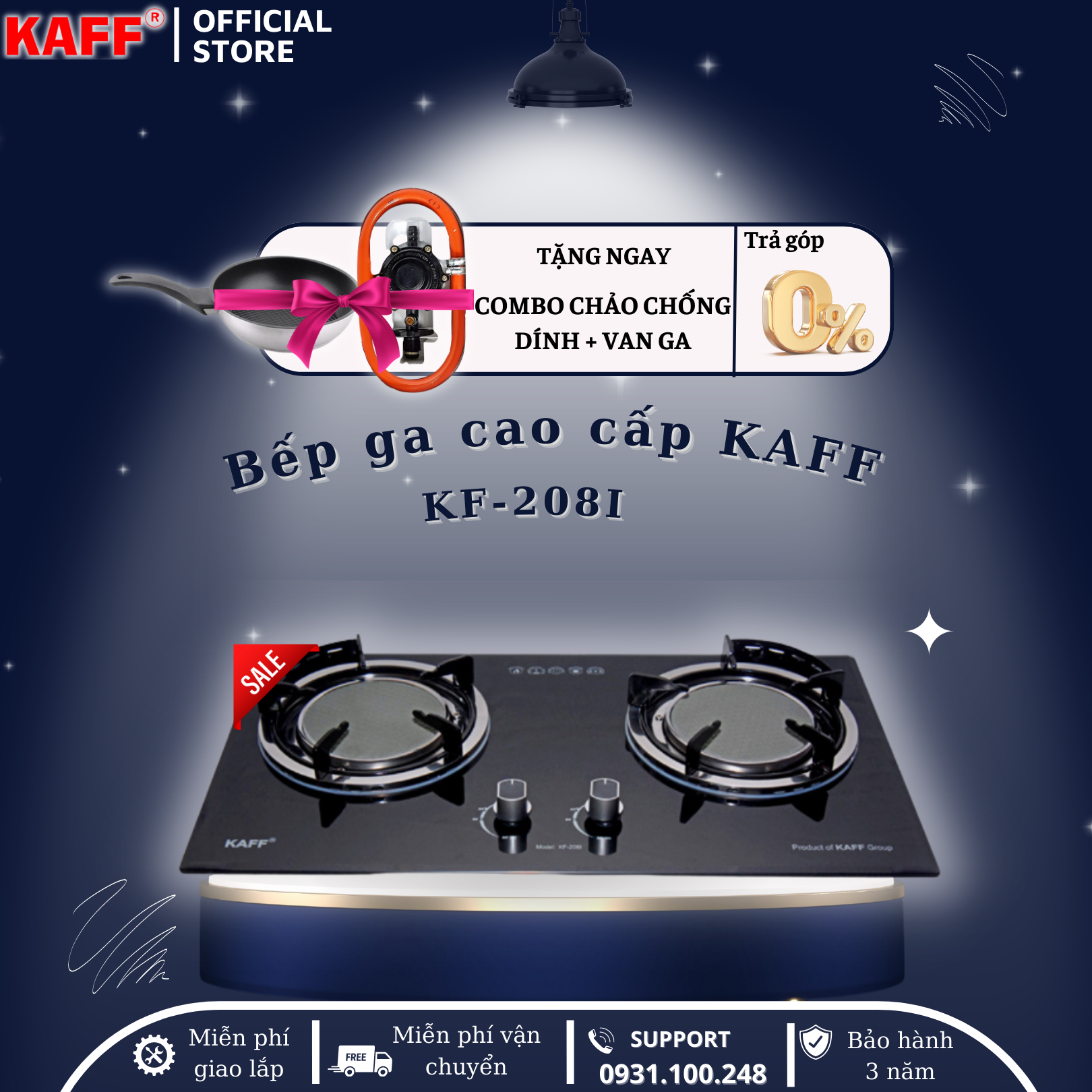 Bộ Bếp ga âm KAFF KF-208I bao gồm: Bếp ga + chảo chống dính cao cấp + bộ van ga - Hàng chính hãng