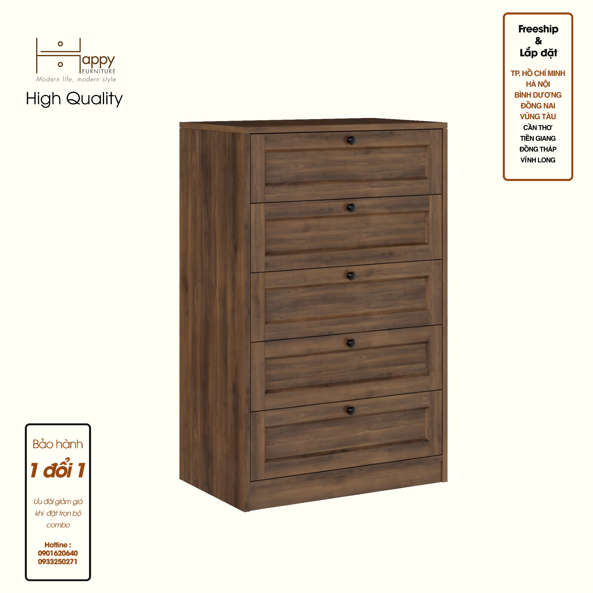 HAPPY FURNITURE , MATTA - Tủ lưu trữ 5 ngăn kéo, THK_223 , 64cm x 40cm x 101cm DxRxC