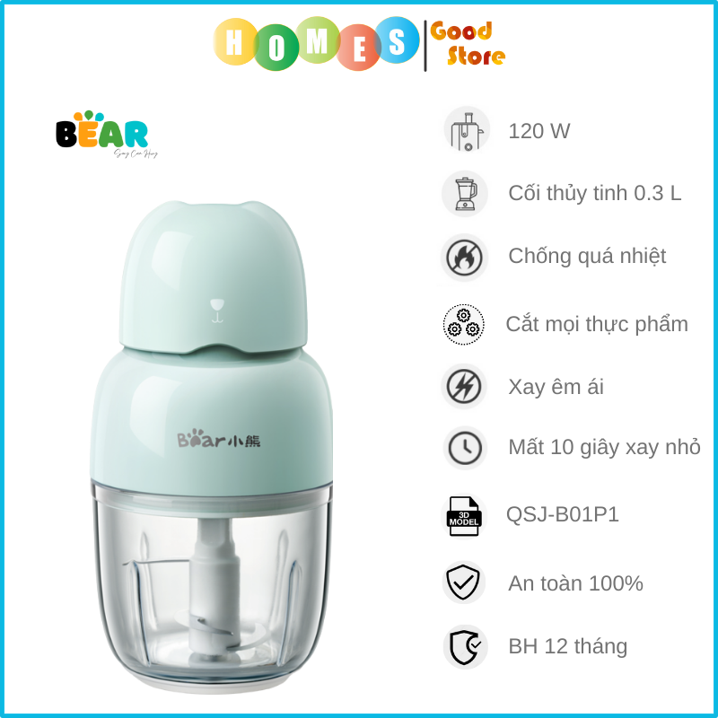 Máy Xay Thực Phẩm Xay Ăn Dặm BEAR Xay Cực Êm An Toàn Vệ Sinh 0.3L Công Suất 120 W  - Hàng Chính Hãng