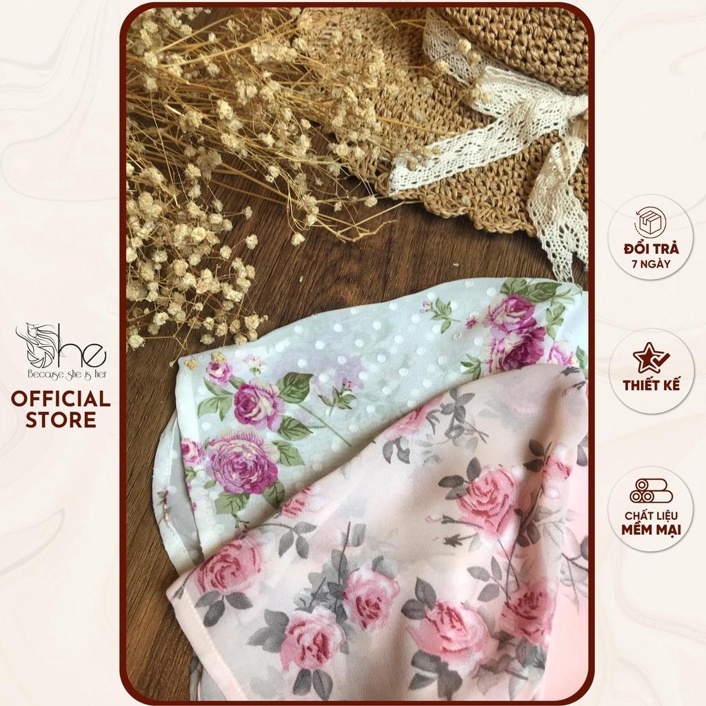 Váy nữ hoa voan đẹp She, đầm váy cổ tim 3 nút dáng A thời trang nữ SDX116