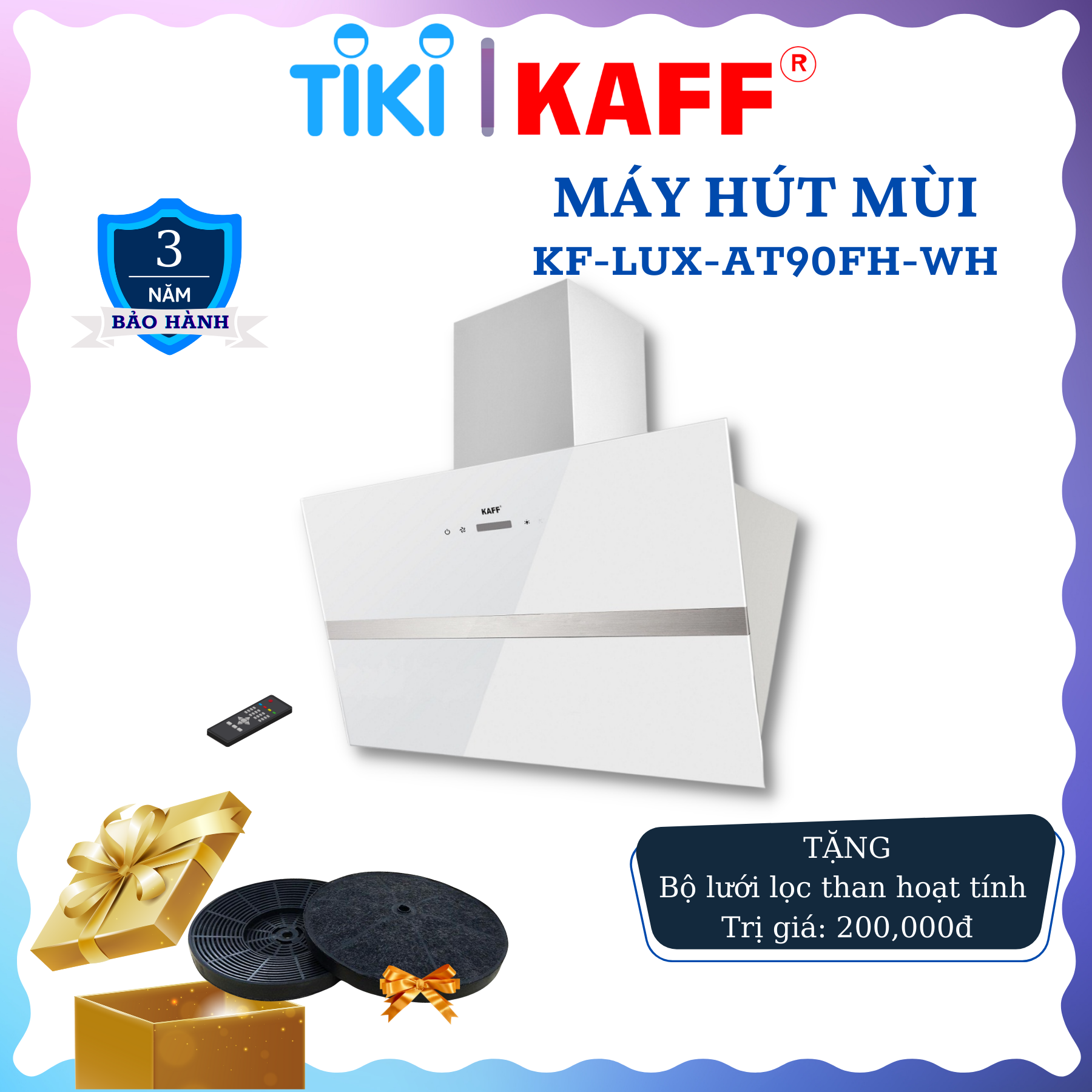 Máy hút mùi kính phẳng dạng TV cảm ứng điều khiển từ xa 900mm KAFF KF-LUX-AT90FH-WH - Hàng Chính Hãng