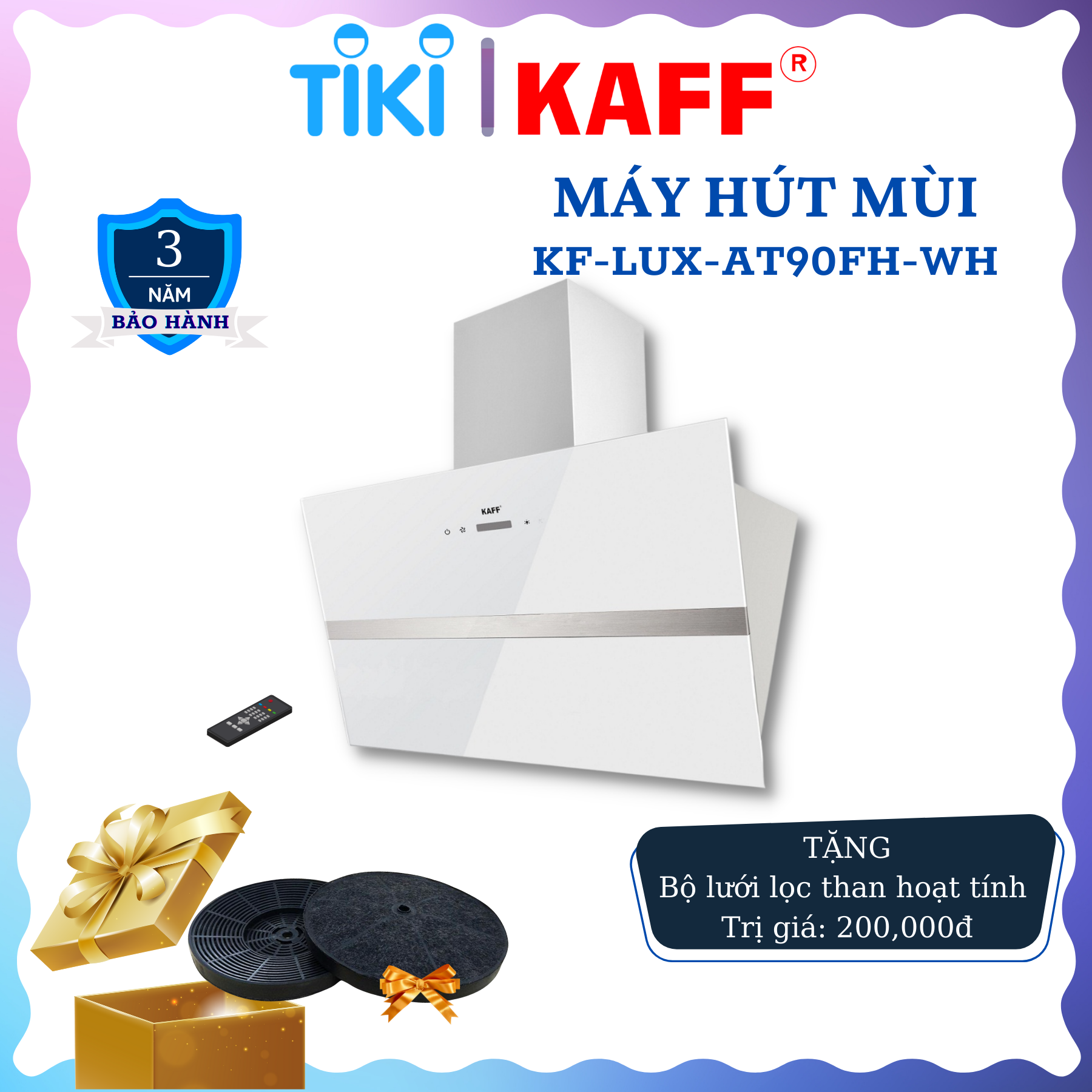 Máy hút mùi kính phẳng dạng TV cảm ứng _ điều khiển từ xa 900mm KAFF KF_LUX_AT90FH_WH Tặng bộ lọc than thay thế _ Hàng Chính Hãng