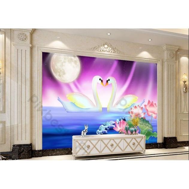 Tranh đôi thiên nga dưới ánh trăng, tranh dán tường 3d hiện đại MS639389