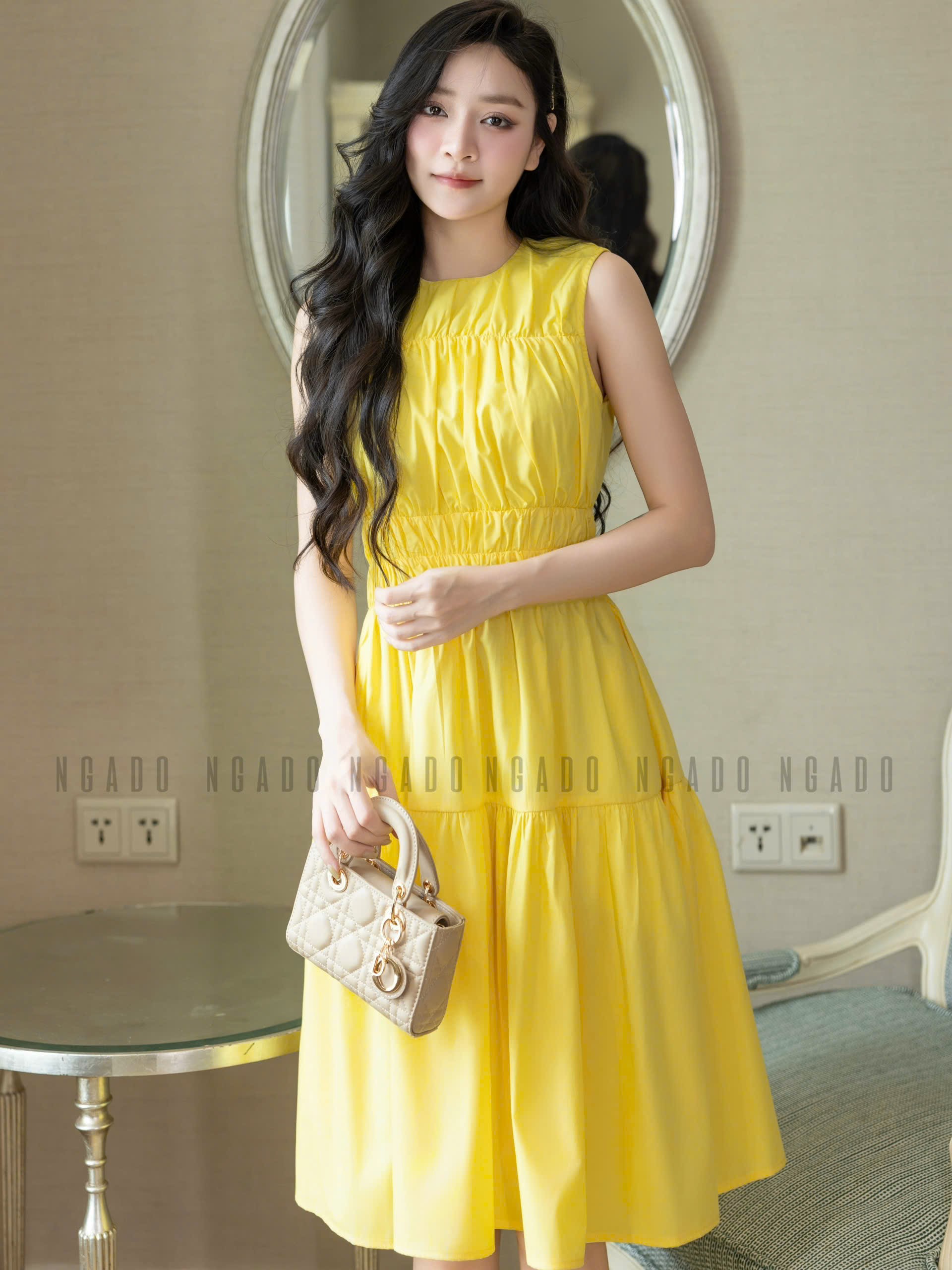 Đầm vàng nhún eo NGADO , đầm dài , đầm sát nách , đầm kiểu Nữ