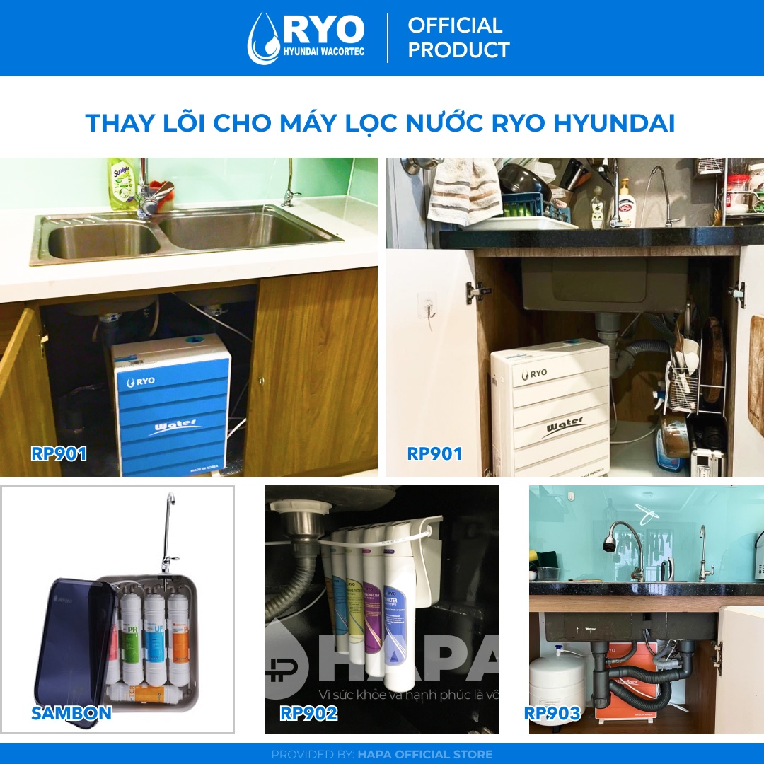 Bộ 5 Lõi Lọc Nước RYO HYUNDAI RP901, Sediment, Pre-Carbon, UF Membrane, Post Carbon, TCR Filter. Nhập khẩu Hàn Quốc - Hàng Chính Hãng