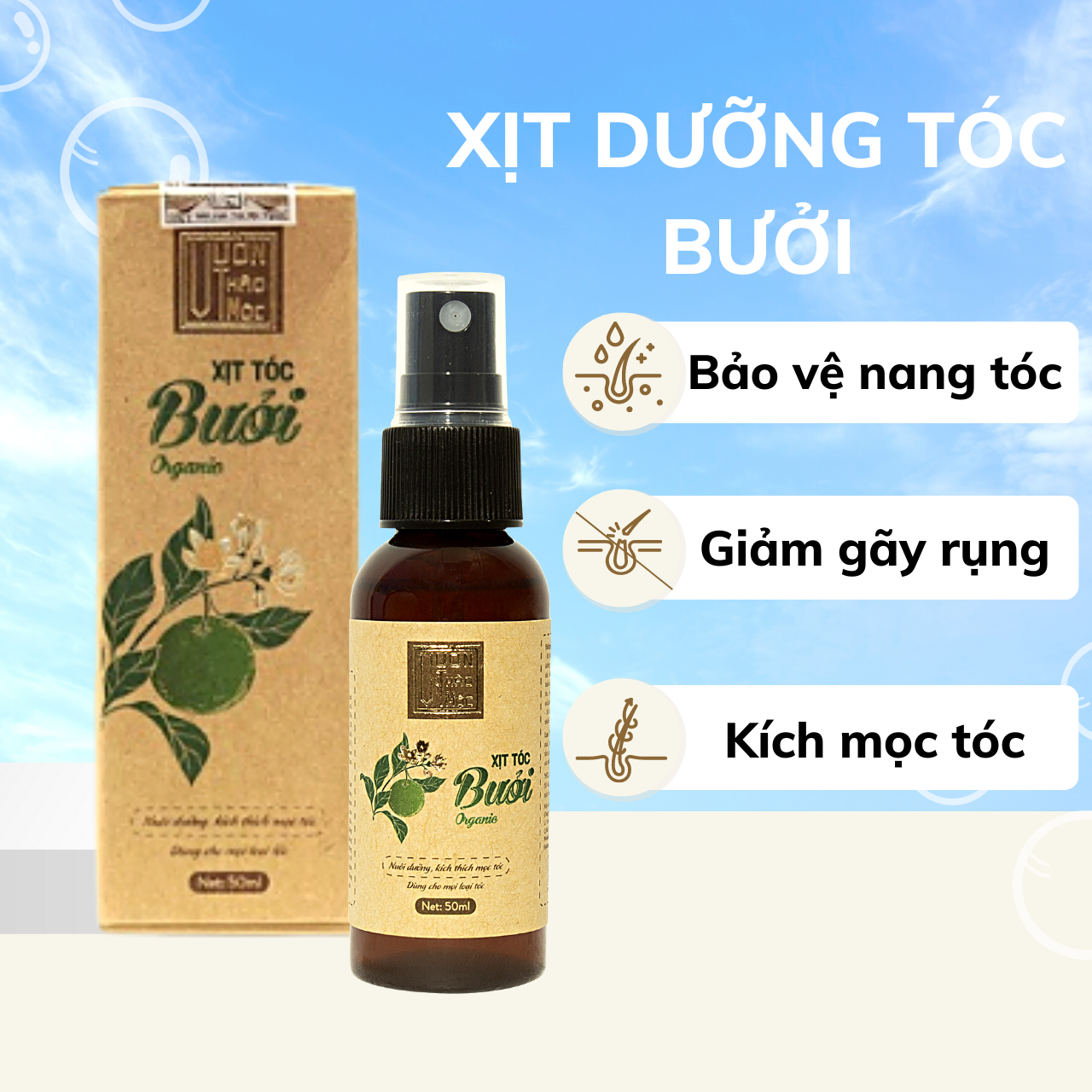 Xịt Dưỡng Tóc Bưởi VƯỜN THẢO MỘC ORGANIC Nuôi Dưỡng Kích Thích Mọc Tóc Chai 100ml