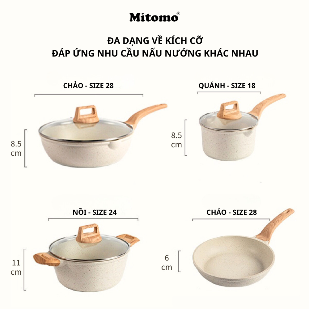 Bộ nồi vân đá chóng dính cao cấp 4 món Mitomo, đúc nguyên khối, nấu trên mọi loại bếp - Hàng chính hãng