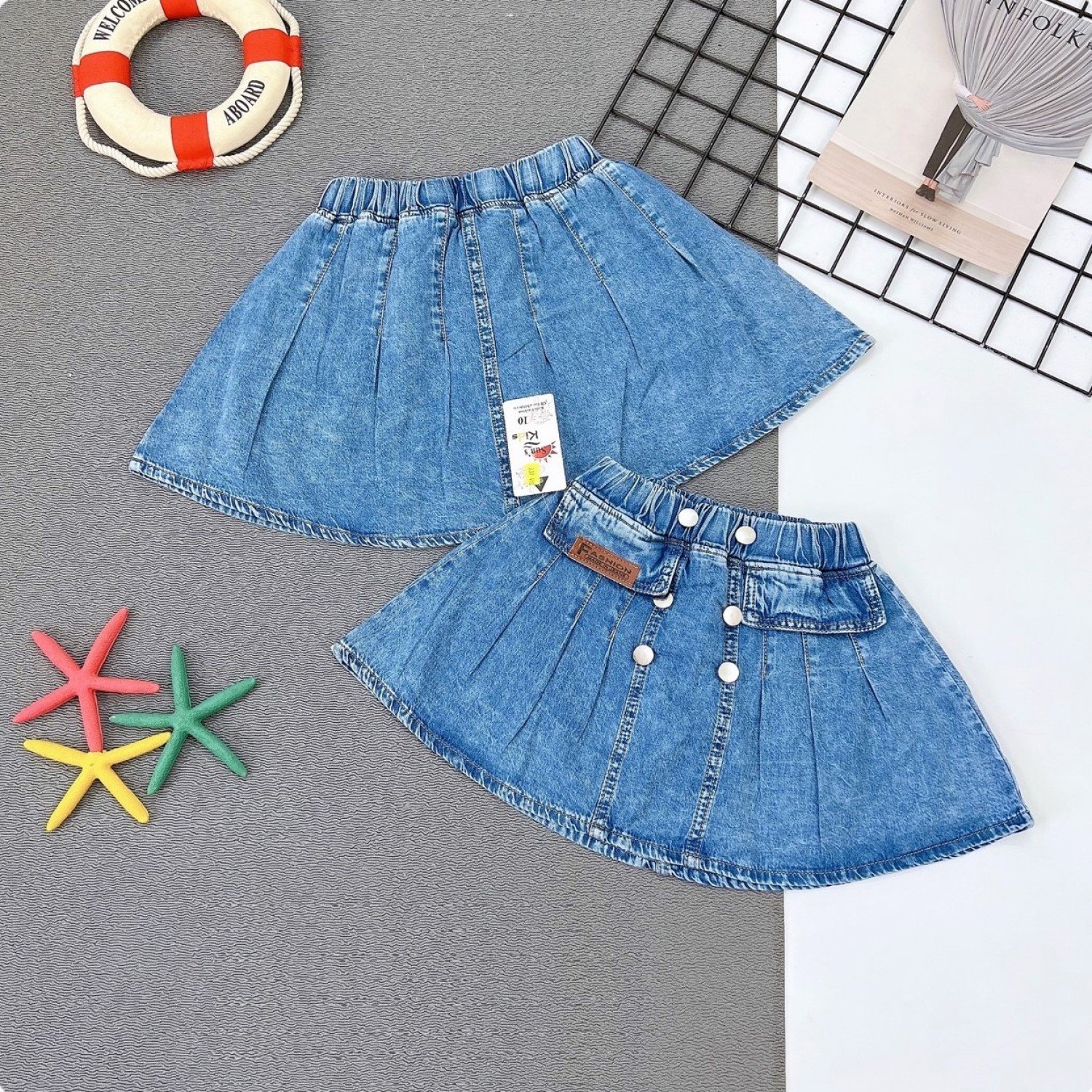 Q00000323 Váy jean xanh wax nhẹ, dáng xoè, xếp ly, có chíp rất xinh cho bé gái