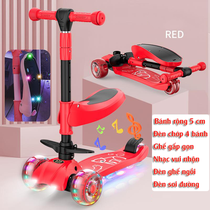 Xe scooter 3 bánh tự cân bằng, 3in1 có ghế gấp gọn, xe chòi chân thăng bằng , xe trượt 3 bánh có nhạc và đèn chiếu sáng (đỏ))