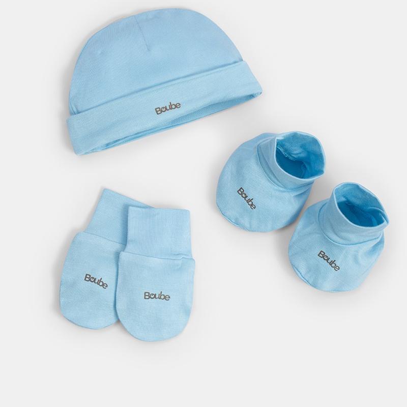 Set phụ kiện sơ sinh Mũ + Bao tay + Bao chân hoạ tiết, xanh, ghi Boube - Chất liệu Petit mềm mại thoáng mát-Size Newborn