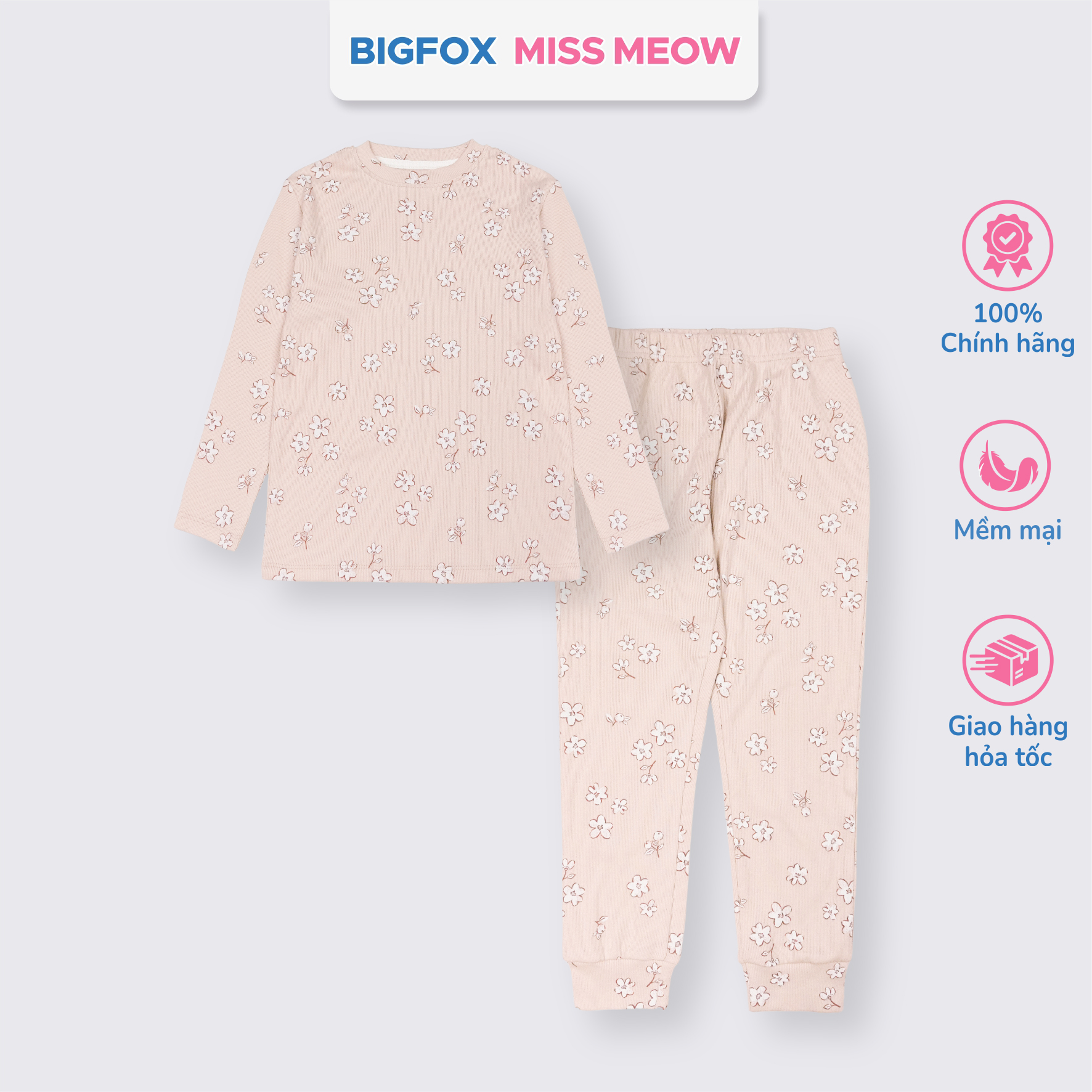 Bộ dài tay cho bé gái Bigfox Miss Meow vải bozip mặc nhà mùa thu đông size đại trẻ em 3-11 tuổi 35kg