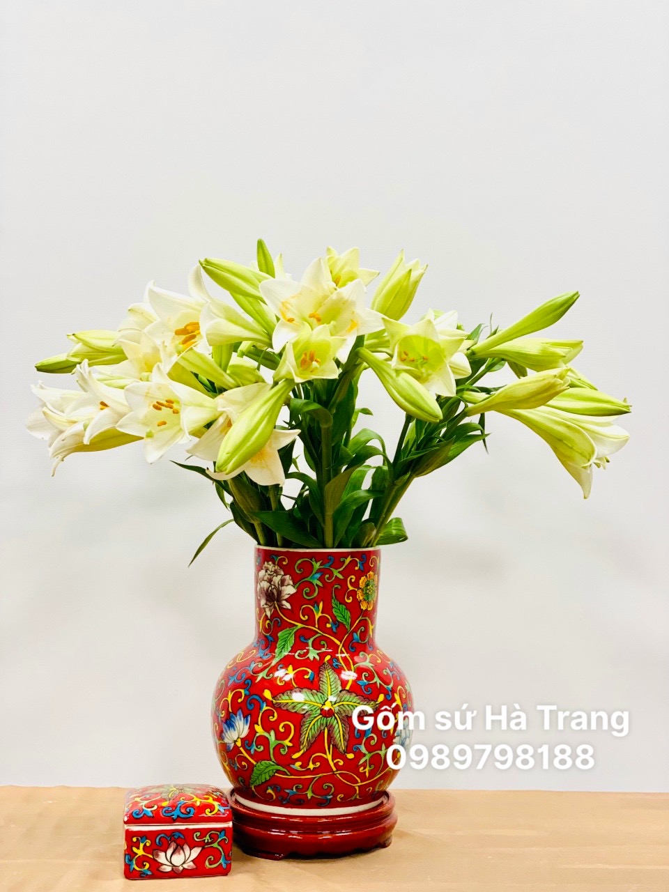 Lọ hoa gốm sứ Bát Tràng cao cấp vẽ tay xuất dư hoạ tiết cao 27cm