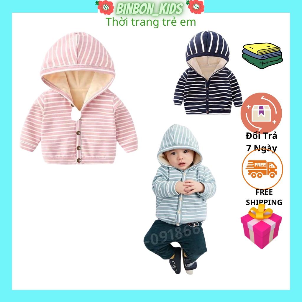 Áo khoác cho bé , Áo khoác nỉ bé trai bé gái kẻ liền mũ lót nỉ nhung cực ấm cho bé từ 6-17kg BINBON KIDS