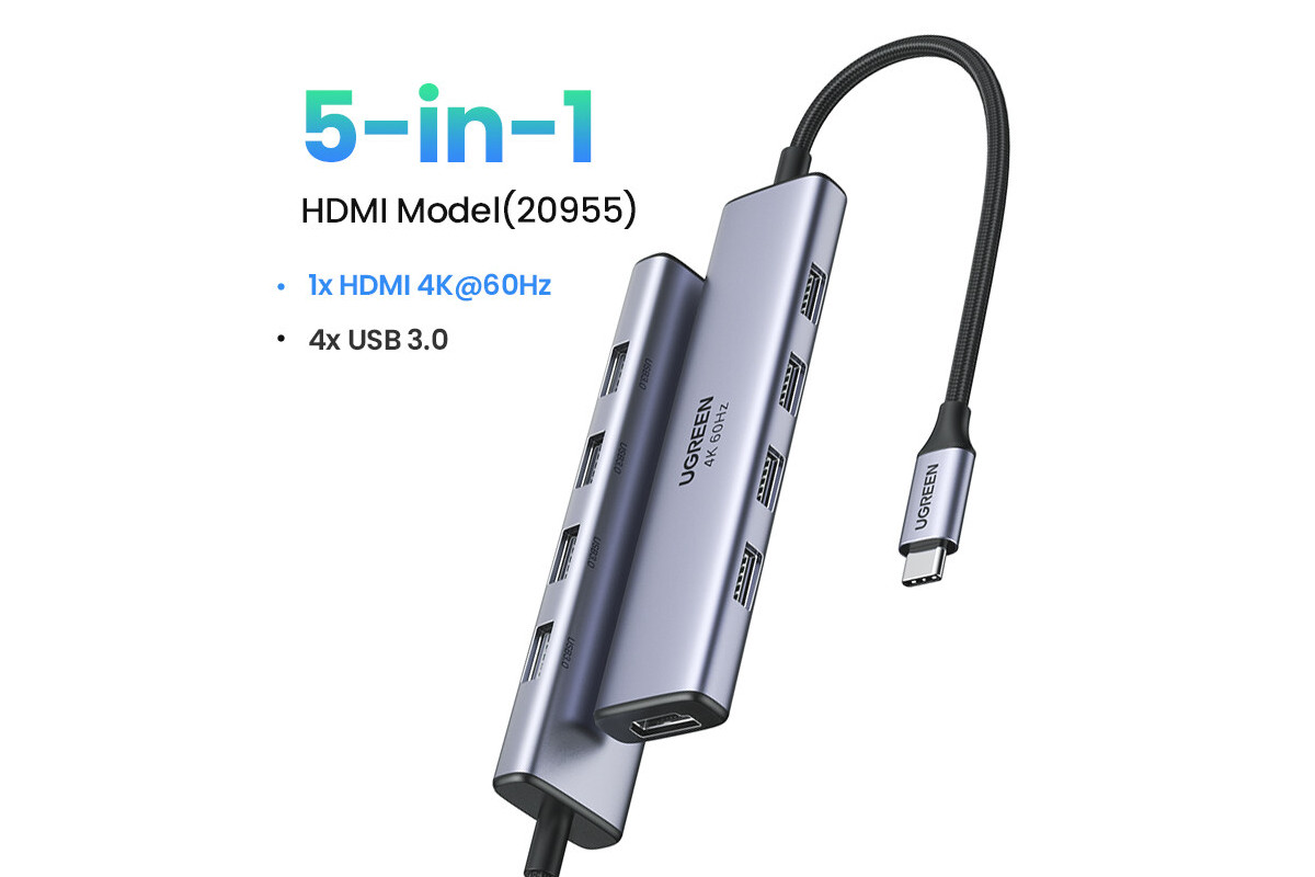 Hub chuyển đổi Ugreen Type-C sang 4*USB3.0 &amp; HDMI CM478- hàng chính hãng