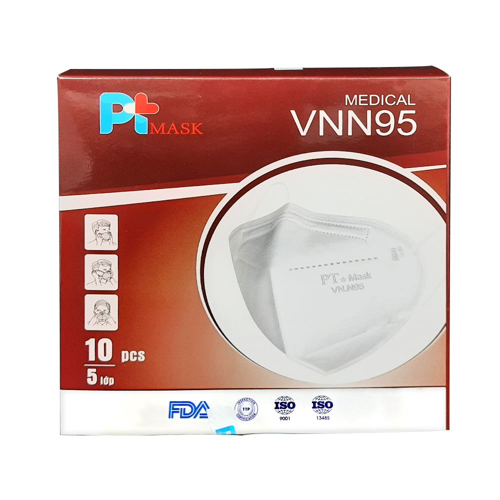 Khẩu Trang VN N95 PT Mask, 5 Lớp, kháng Khuẩn, Chống Bụi Siêu Mịn PM2.5, Màu Trắng - Một Hộp Gồm 10 Cái, Đạt Các Chứng Chỉ ISO 13485, ISO 9001, CE, FDA, TGA.