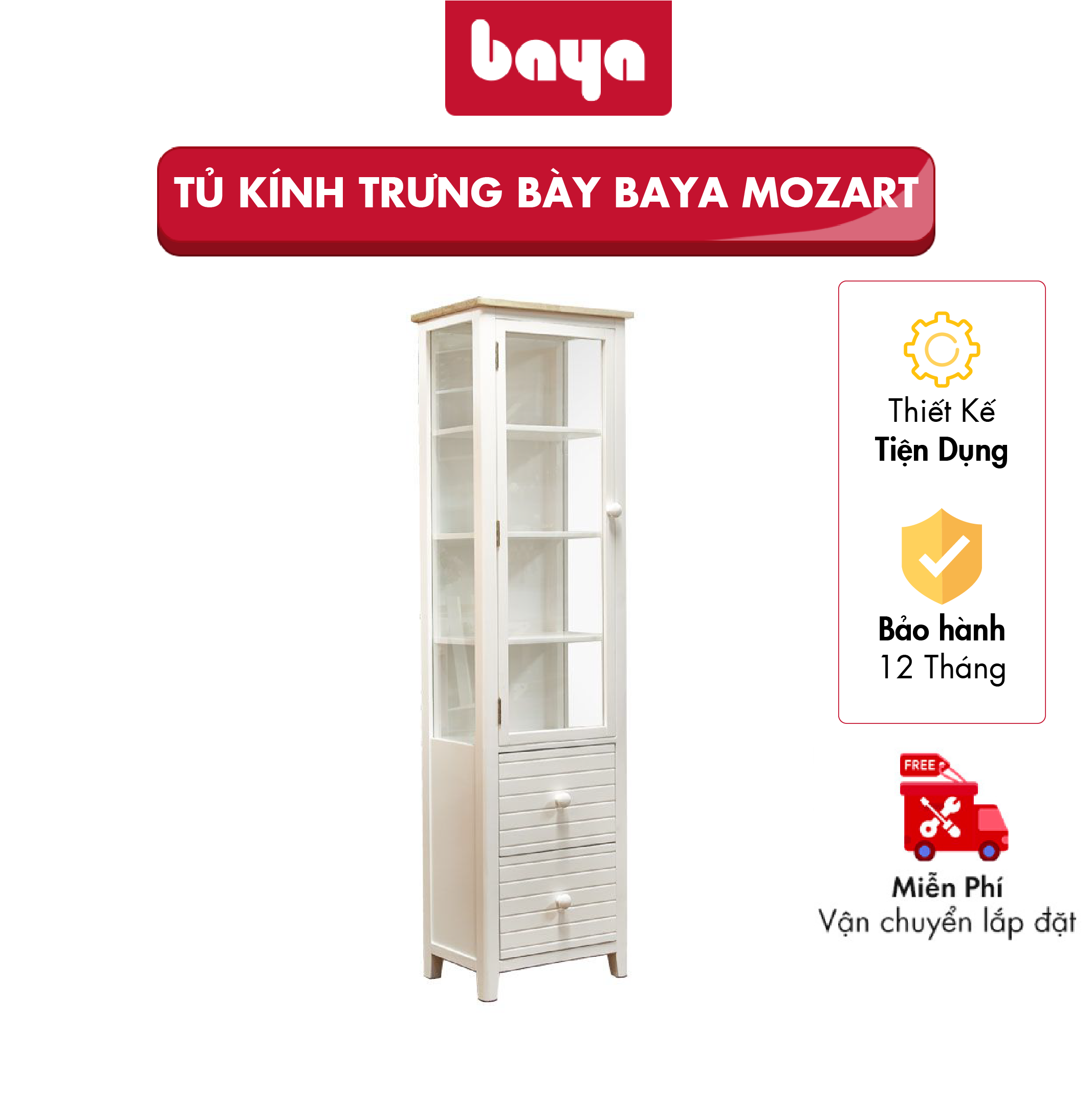 Tủ Kính Trưng Bày Phòng Ăn BAYA Mozart 4 Tầng Và 2 Ngăn Kéo Lớn Trưng Bày Bát Đĩa, Khung Tủ Bằng Gỗ Cao Su Thiết Kế Cửa Kính Chắc Chắn