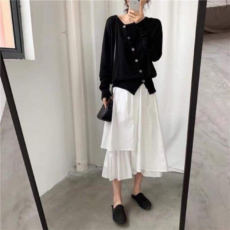 Chân Váy Midi Ulzzang Nữ, Chân Váy Xếp Ly 2 Màu Đen Trắng