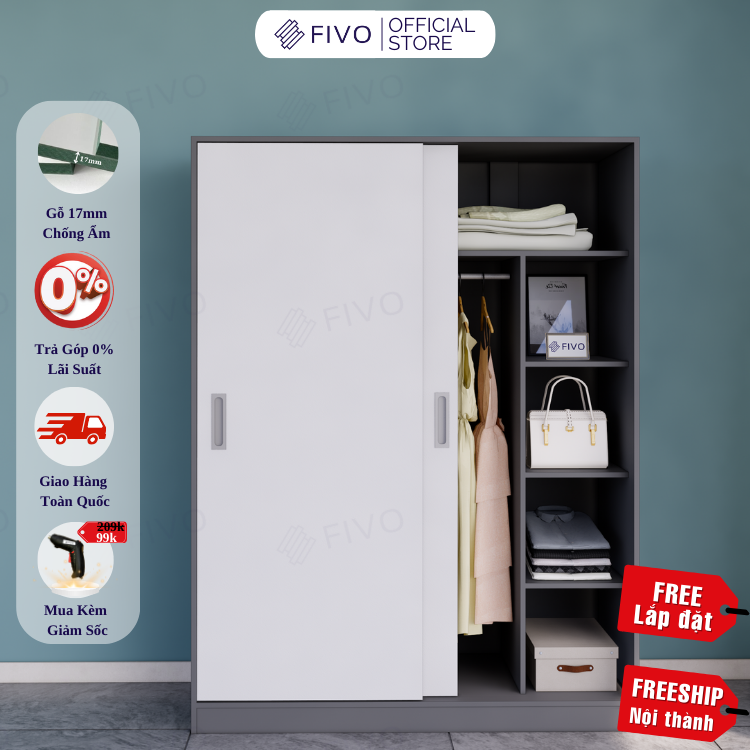 Tủ Gỗ Quần Áo Cửa Lùa Gỗ Chống Ẩm FIVO FC31 Diện Tích Để Đồ Rộng Rãi, Móc Treo Tiện Dụng Mẫu Mã Hiện Đại Sang Trọng - 140x50x186cm - Trắng  Xám