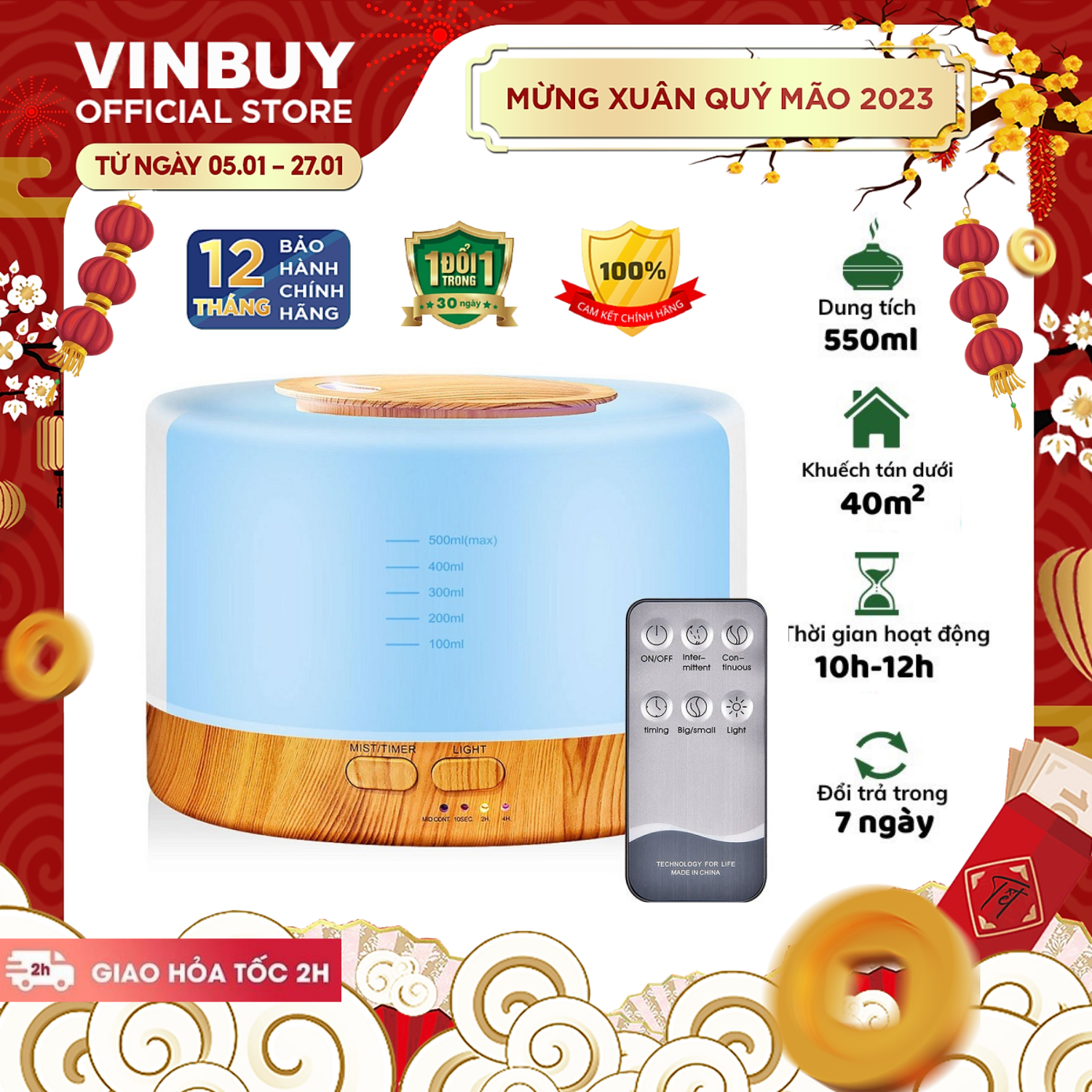 Máy phun sương VINBUY tạo độ ẩm, xông tinh dầu phòng ngủ, cấp ẩm cho da, phòng điều hòa, dung tích lớn led 07 màu - Hàng chính hãng