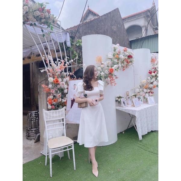 Đầm xoè trắng cổ vuông vai nơ