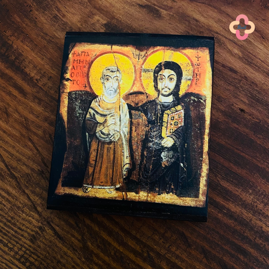 Tranh Gỗ Friendship Beati - Tranh Công Giáo Thủ Công Màu Rustic / Icon of Christ and Abbot Menas - Trung