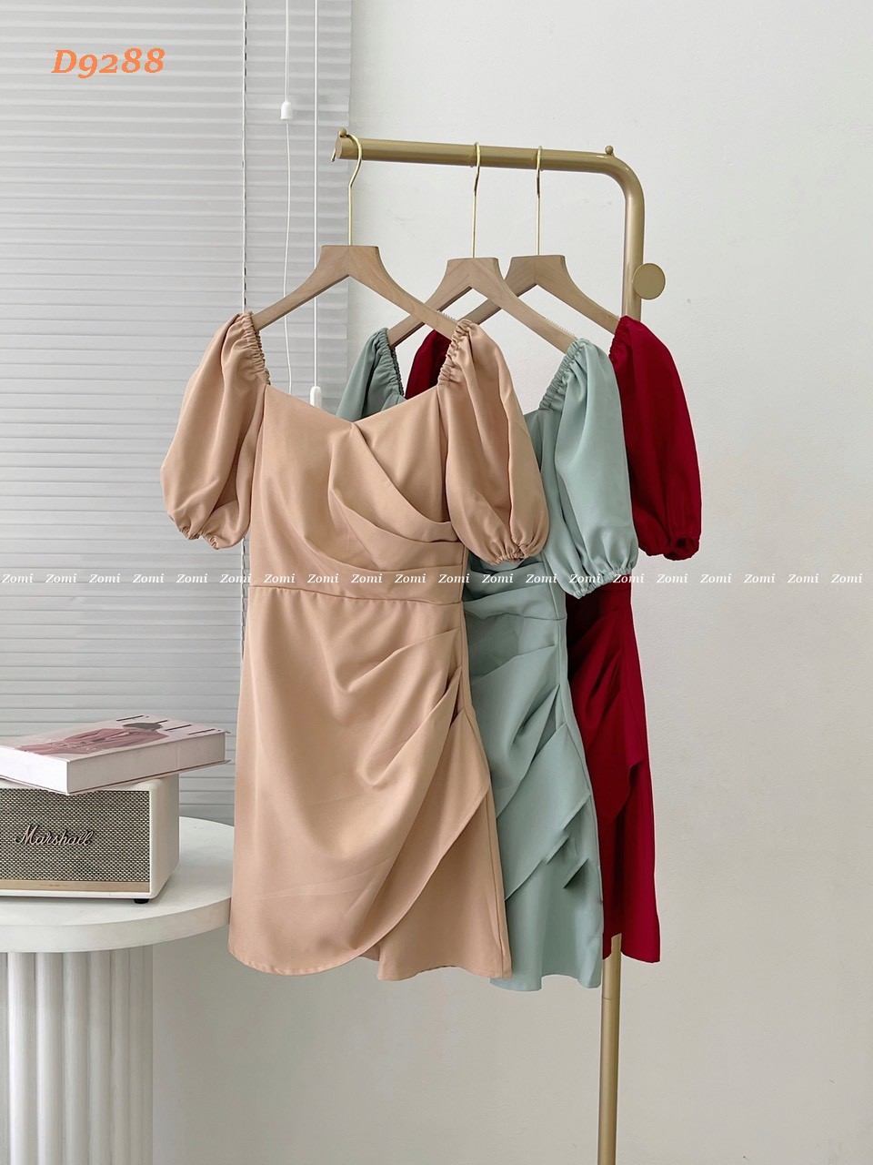 Đầm dự tiệc thời trang dáng ôm body xếp li cổ chéo tay phồng quyến rũ D9288
