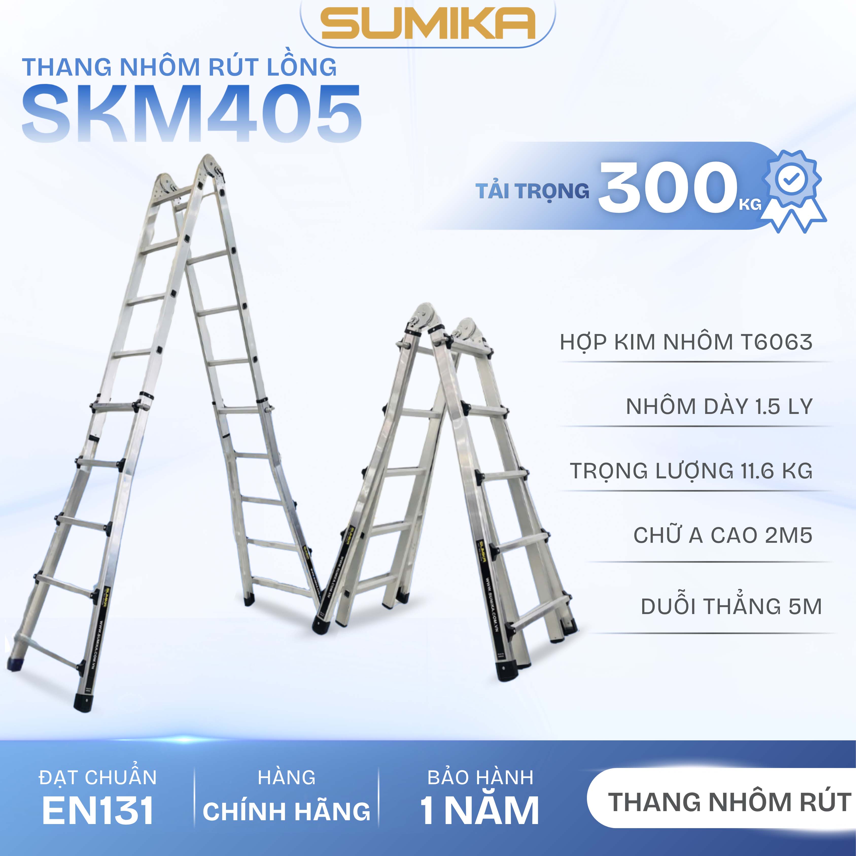 Thang nhôm rút lồng đa năng SUMIKA SKM405 - Chữ A cao nhất 2.5m, chữ I cao nhất 5.0m, tải trọng 300kg