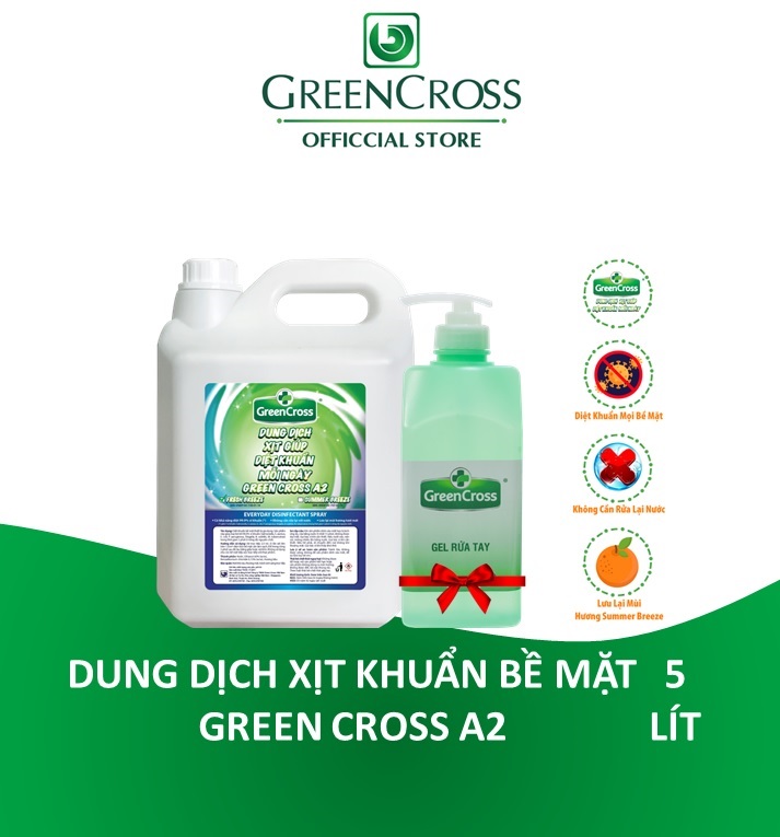 DUNG DỊCH XỊT KHUẨN BỀ MẶT MỖI NGÀY GREEN CROSS A2 - CAN 5L Tặng thêm 1 Chai Gel rửa tay khô Green Cross 500ml