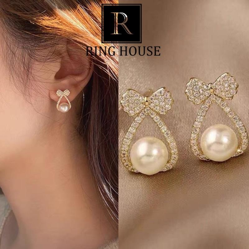Bông Tai Khuyên Tai Nữ Nơ Giọt Nước Đính Hạt Trai Đẹp