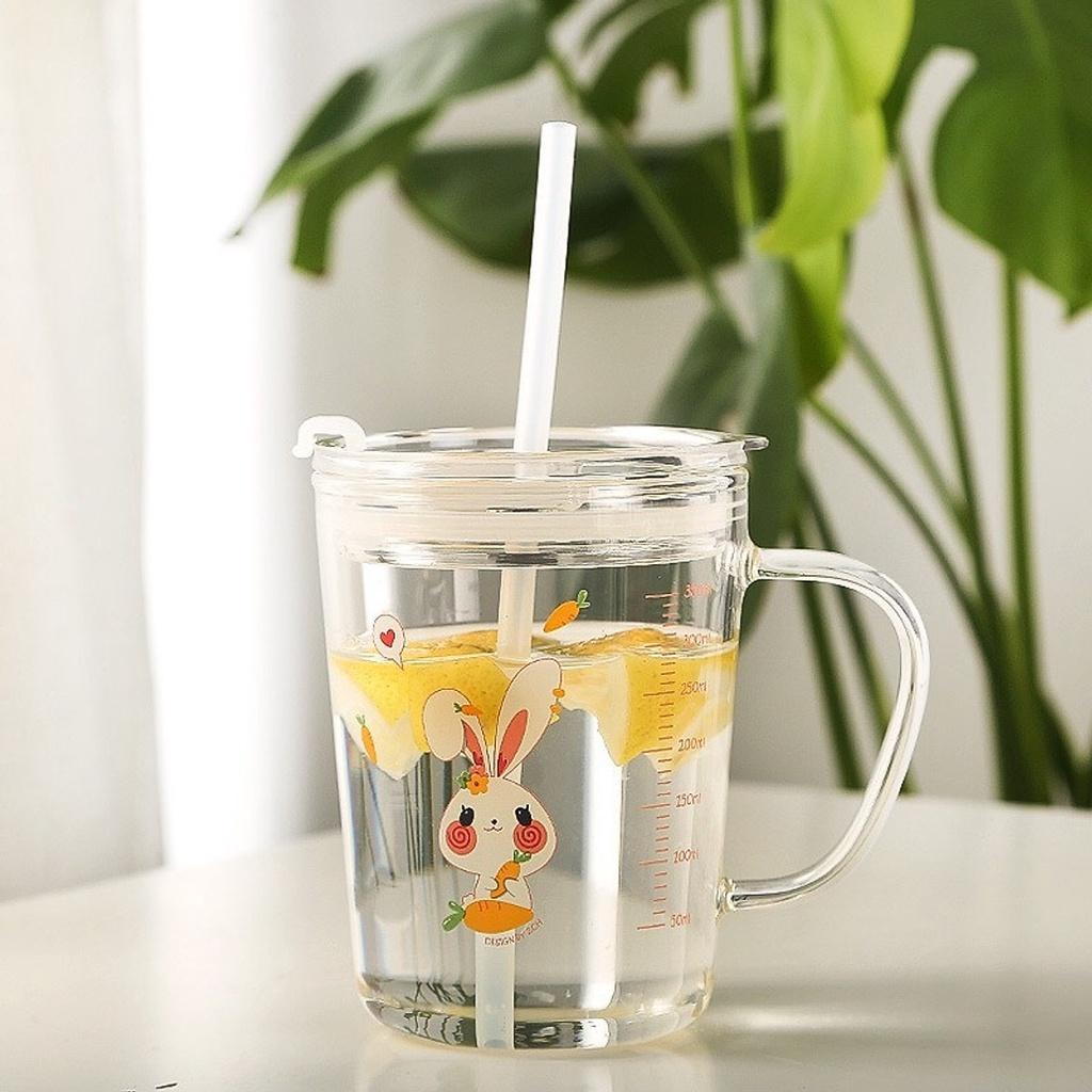 Cốc Pha Sữa Uống Nước Cốc Thuỷ Tinh Chịu Nhiệt Có Vạch Chia Dung Tích 400ML- Có Nắp Đậy Kín Chặt Kèm Ống hút Hút