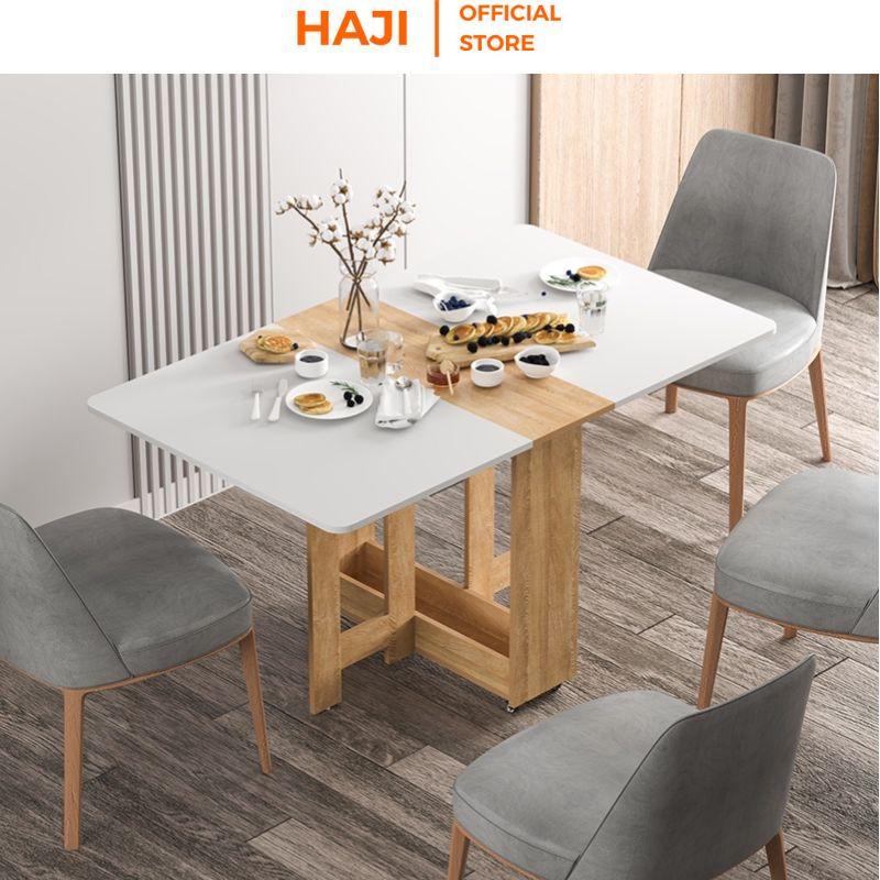 Bàn ăn thông minh HAJI thu gọn tiết kiệm diện tích, Bàn ăn gấp gọn có bánh xe di động tiện lợi màu sắc sang trọng BTM5