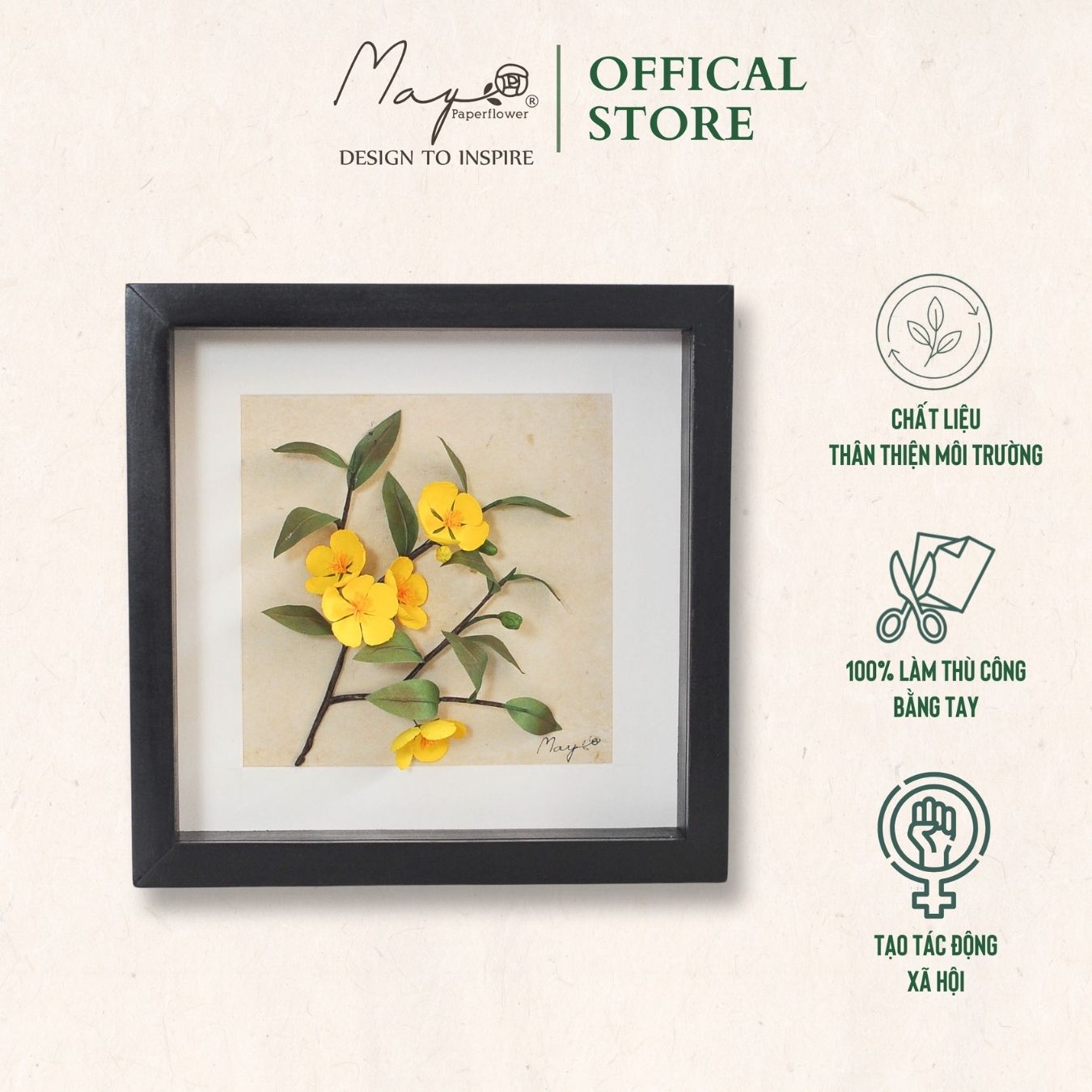 Tranh Hoa Giấy Handmade Trang Trí - Hoa Mai Kết Hợp Giấy Dó MAYPAPERFLOWER Khung Tranh Gỗ Size 25x25cm