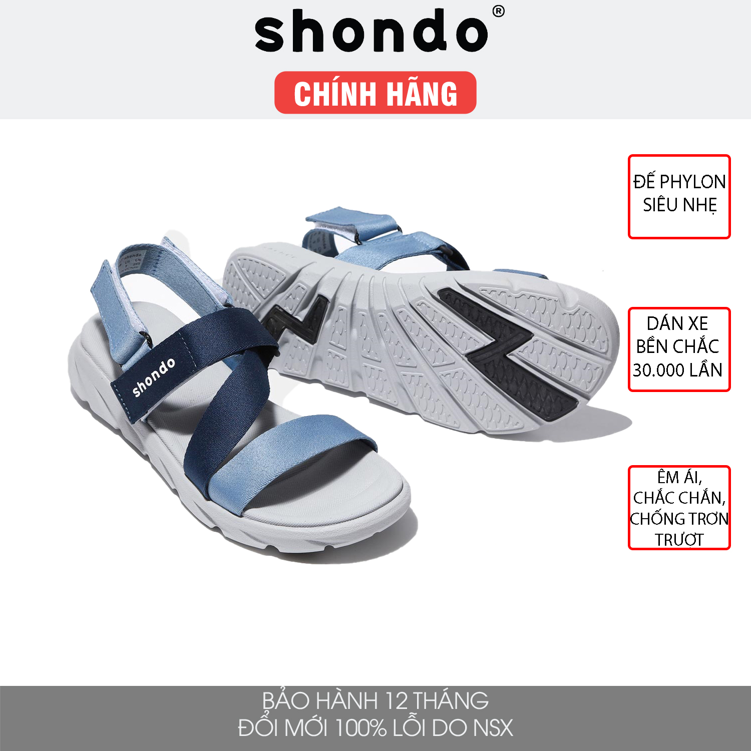 Giày sandal Shondo nam nữ đi học đế bằng ombre xanh dương F6S2130