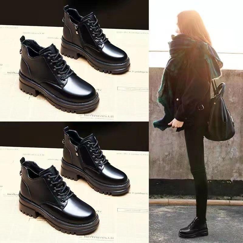 Giày Bốt Martin Bằng Da Thật Đế Dày Cổ Thấp Lót Nhung Chống Trượt Thời Trang Mùa Đông 2021 Cho Nữ