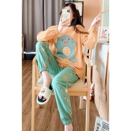 Đồ Bộ Thun Tay Dài Quảng Châu - Pijama Quần Dài - Đồ Mặc Ở Nhà Họa Tiết Hoạt Hình Chú Khủng Long Dễ Thương