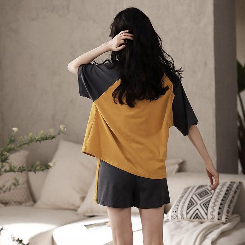 Bộ mặc nhà nữ thun cotton tay phối màu trẻ trung