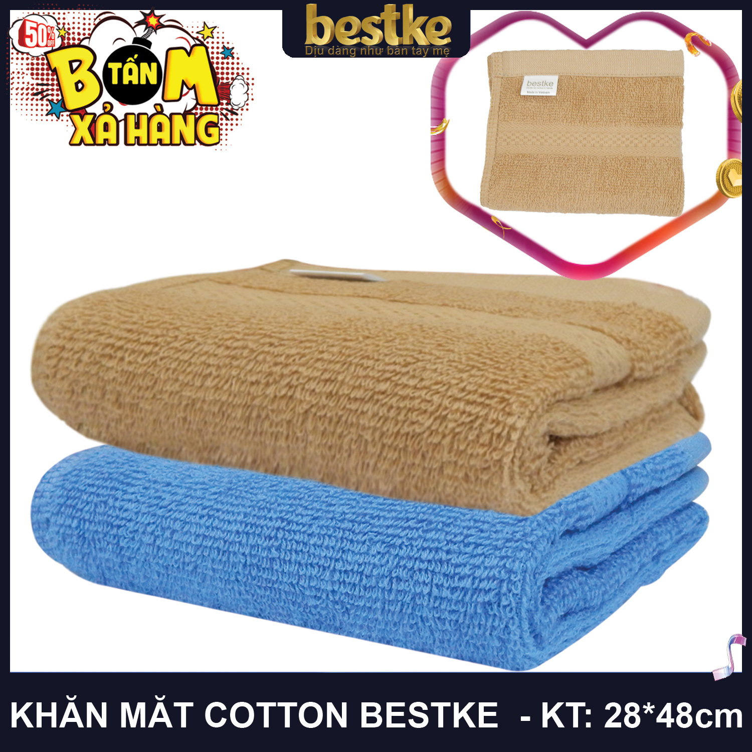 Bestke Khăn Mặt 100% Cotton, Mềm Mại và Siêu Thấm Hút Nước , COMBO 2 cái KT 28cm*48cm/cái, Màu cafe sữa+xanh, towel factory