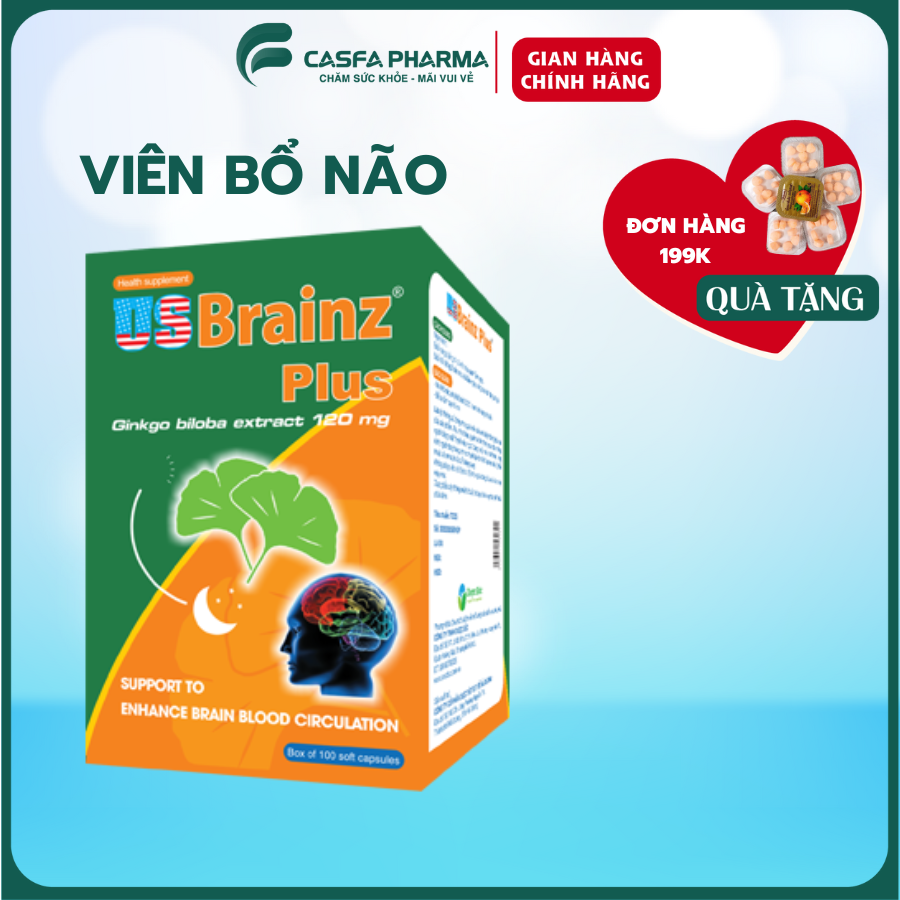Bổ não - US Brain Plus tăng cường tuần hoàn máu não, giảm đau đầu chóng mặt, rối loạn tiền đình, hỗ trợ mất ngủ, hộp 60v