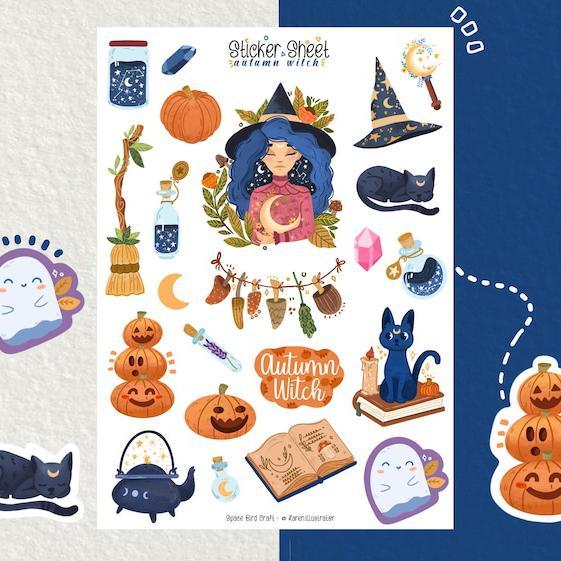 Sticker sheet autumn witch - chuyên dán, trang trí sổ nhật kí, sổ tay | Bullet journal sticker - unim056