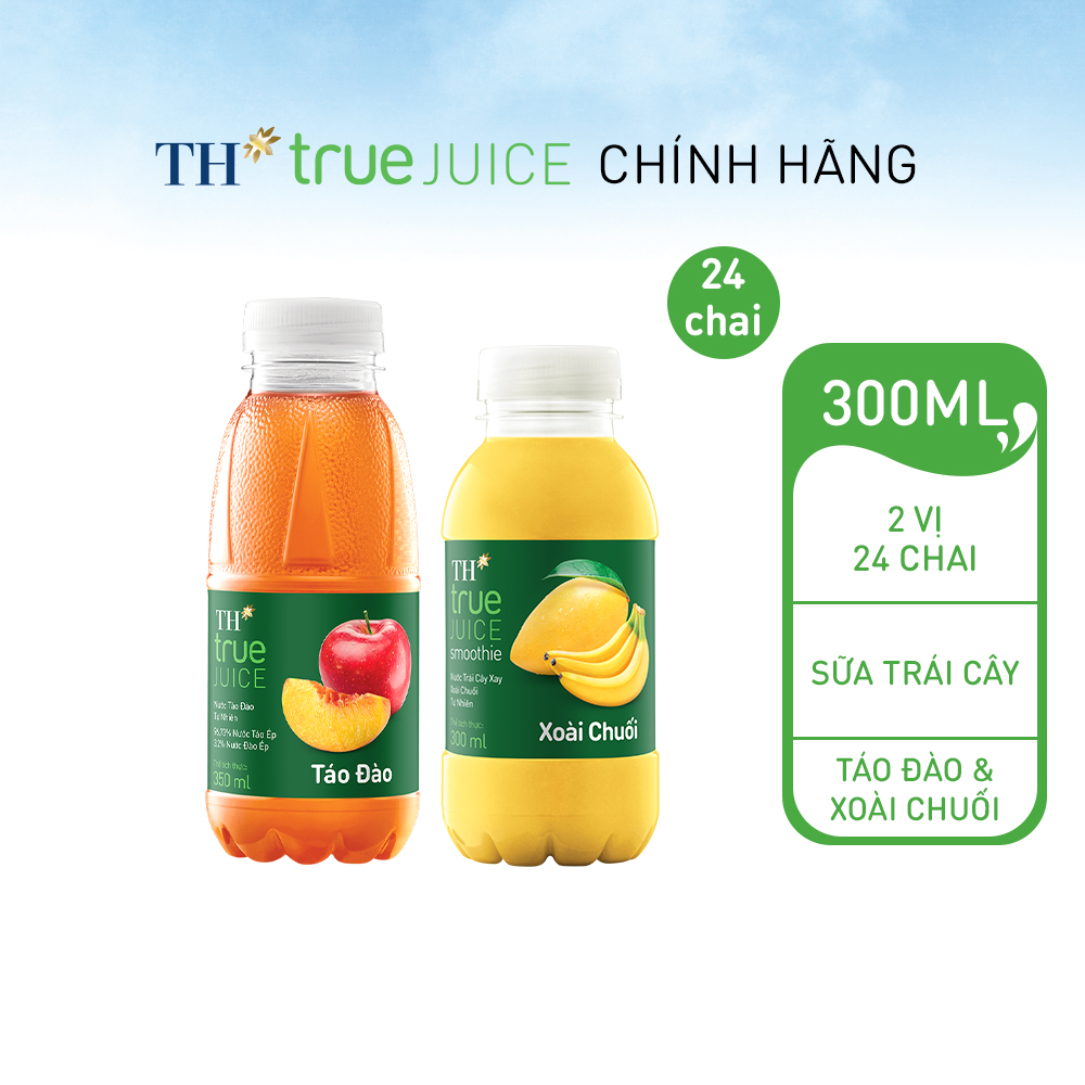 Thùng 12 chai táo đào &amp; 12 xoài chuối tự nhiên TH True Juice 300ml (350ml x 24 chai)