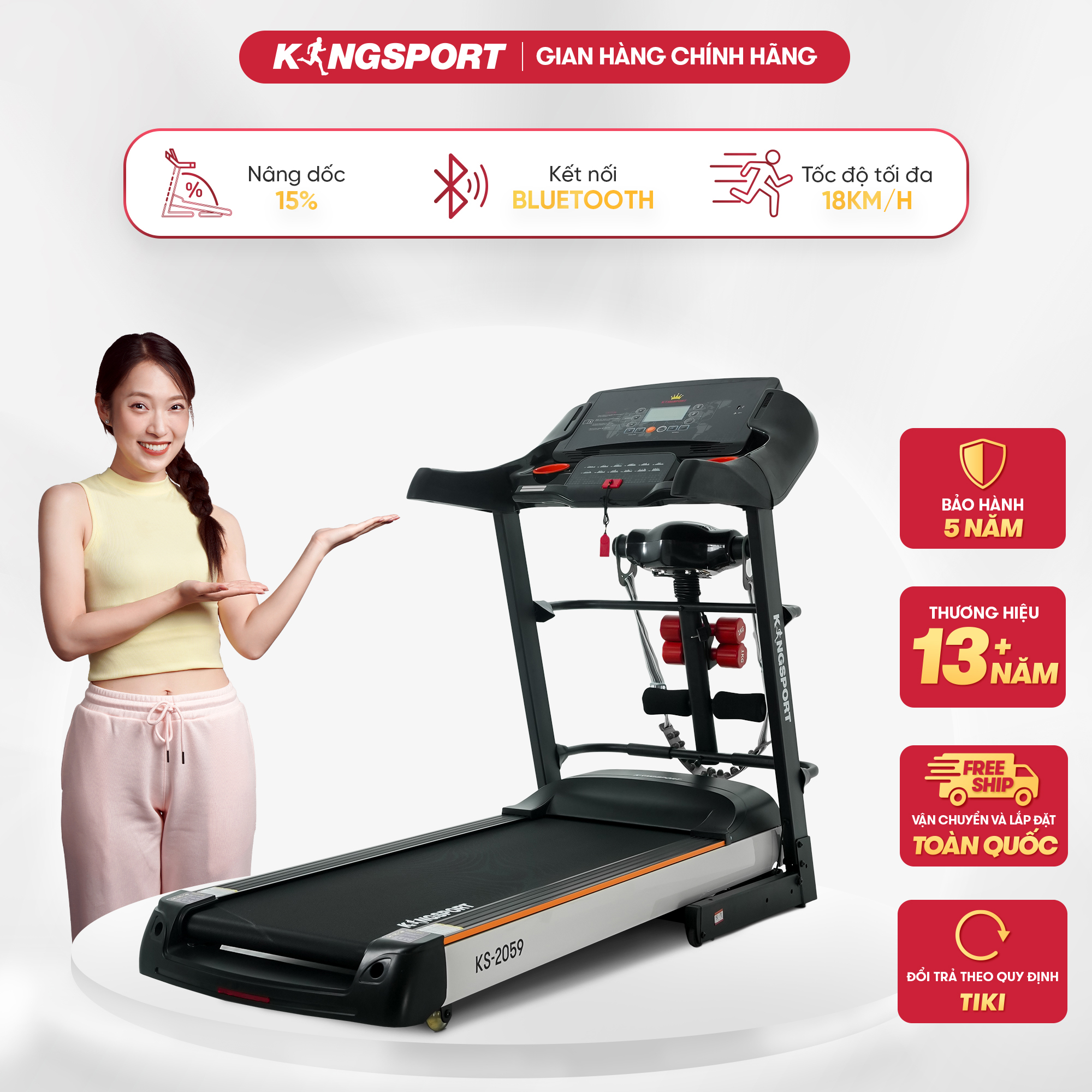 Máy chạy bộ KINGSPORT KS-2059 New nâng dốc tự động 18%, tốc độ tối đa 18km/h, kèm đai massage và thanh gập bụng