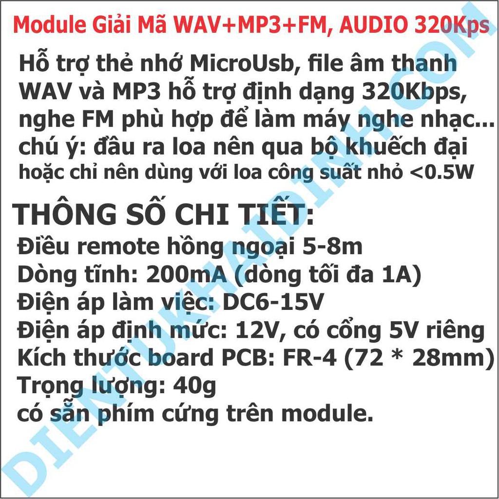 Module Giải Mã WAV+MP3+FM, AUDIO 320Kps + REMOTE (LÀM MÁY NGHE NHẠC) C3B2 kde2162