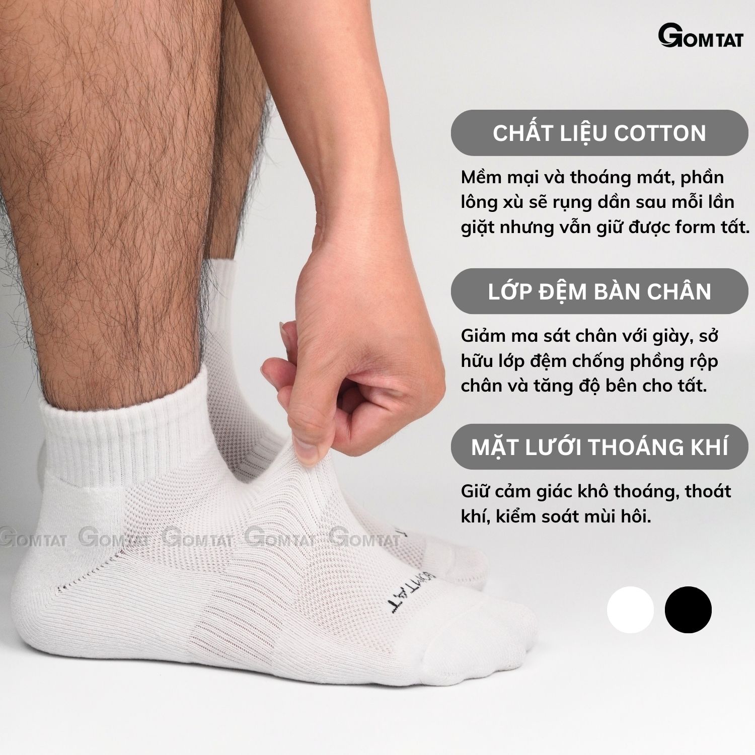 Combo 10 đôi vớ cổ thấp nam nữ GOMTAT, chất liệu cotton hút ẩm khử mùi, có đệm xù êm chân - NGAN-STA-5009-NGAN-CB10