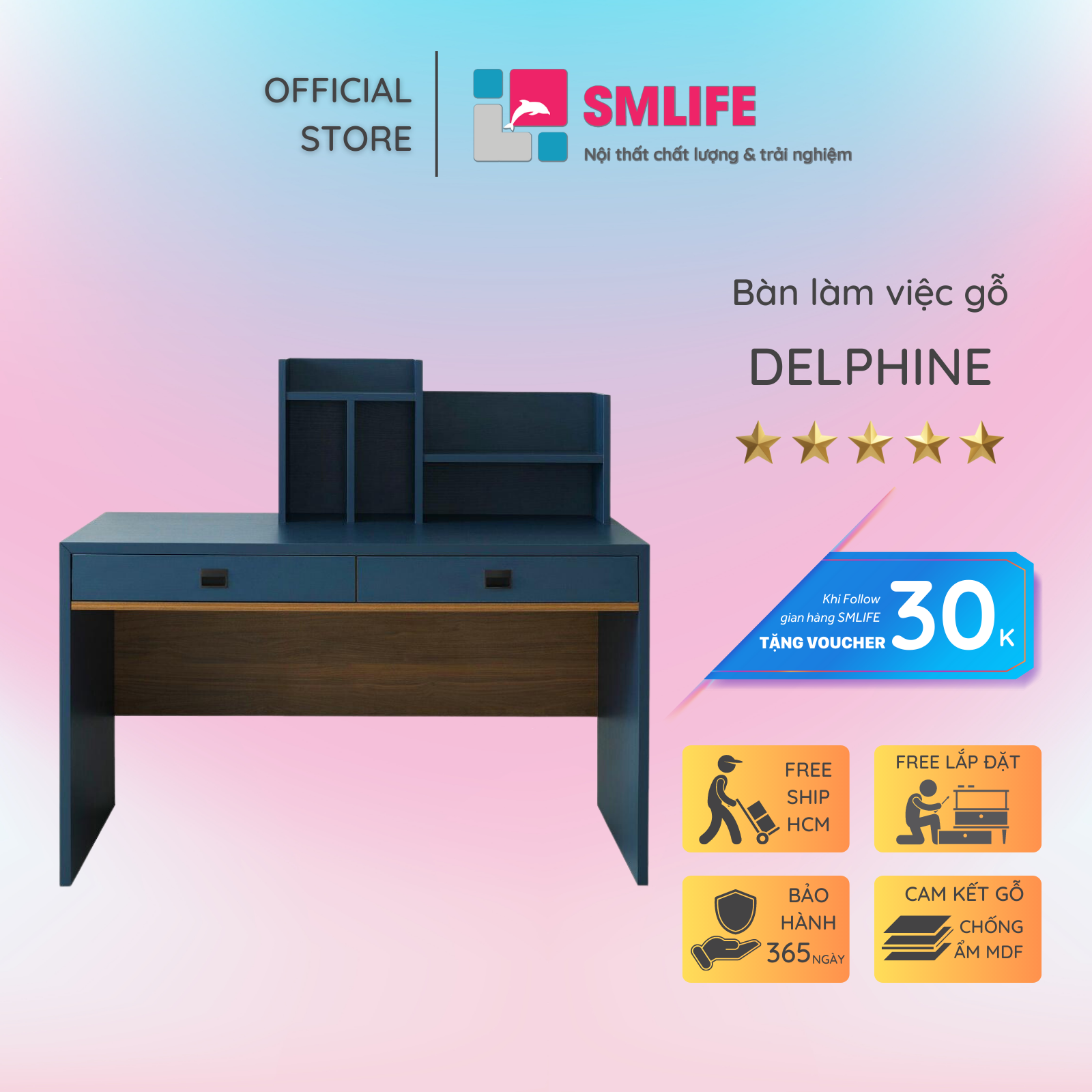 Bàn làm việc, bàn học gỗ hiện đại SMLIFE Delphine | Gỗ MDF dày 17mm chống ẩm | D120xR60xC120cm