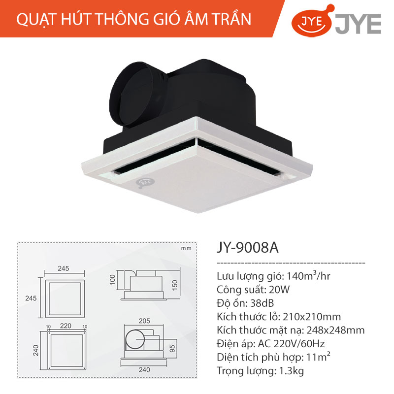 Quạt Hút Thông Gió Gắn Âm Trần JYE (JY-9008A) Công Suất 20W, Ống Thổi Ngang Dùng Cho Nhà Vệ Sinh &amp; Phòng Tắm - Hàng Chính Hãng