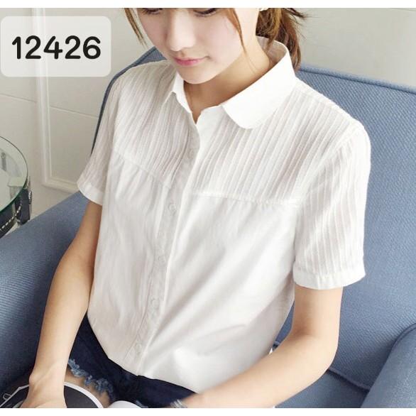 12426 Sơmi BIG SIZE tay ngắn trắng trơn - vai xếp li- Sơ mi công sở