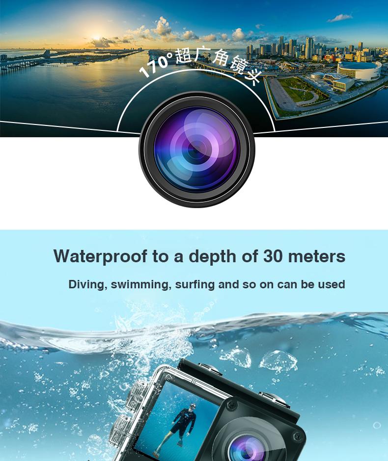 Camera hành động 4K 60fps camera 24MP 2.0 Touch LCD 4X EIS Dual Màn hình WiFi Điều khiển từ xa Waterproof Water