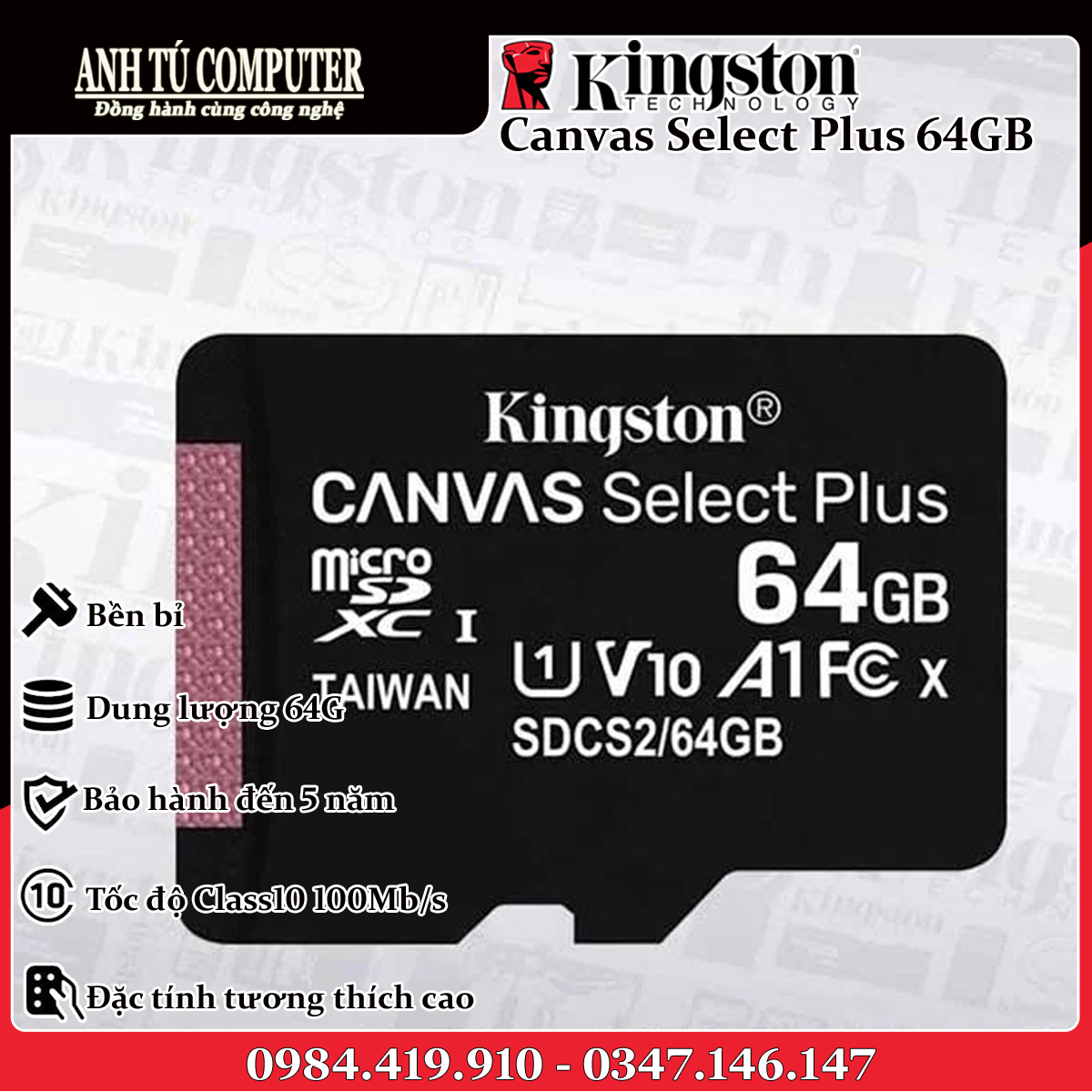 Thẻ Nhớ Kingston 64GB Micro SD Class 10 SDCS2/64GBSP hàng chính hãng